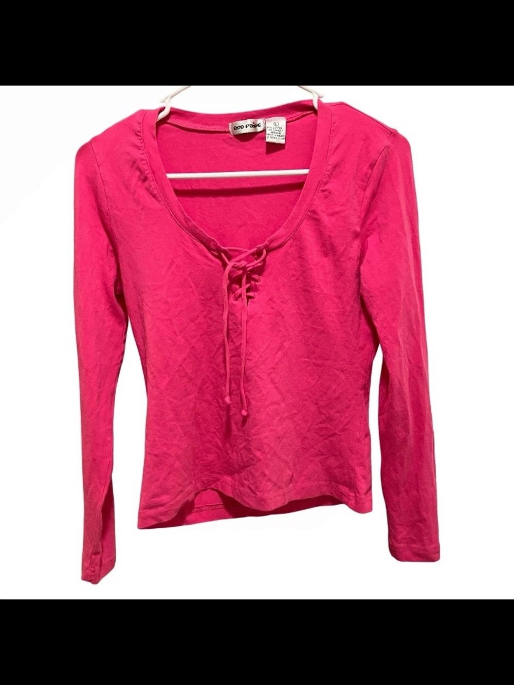 Red Paint Womens Large Pink Lace Up Front Top Long Sleeve Stretch Y2K Fitted